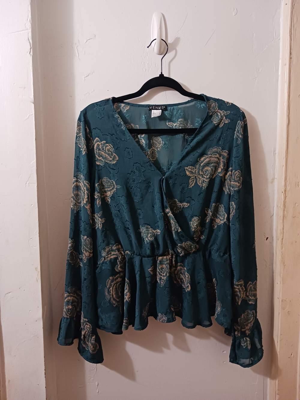 Venus Teal Floral Wrap Peplum Blouse